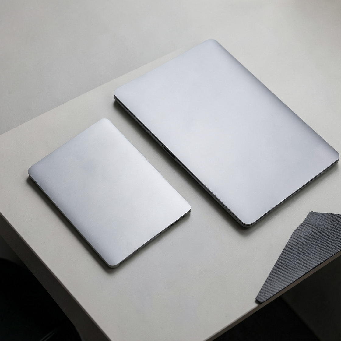 Two unbranded thin laptops emphasizing light materials and portable design