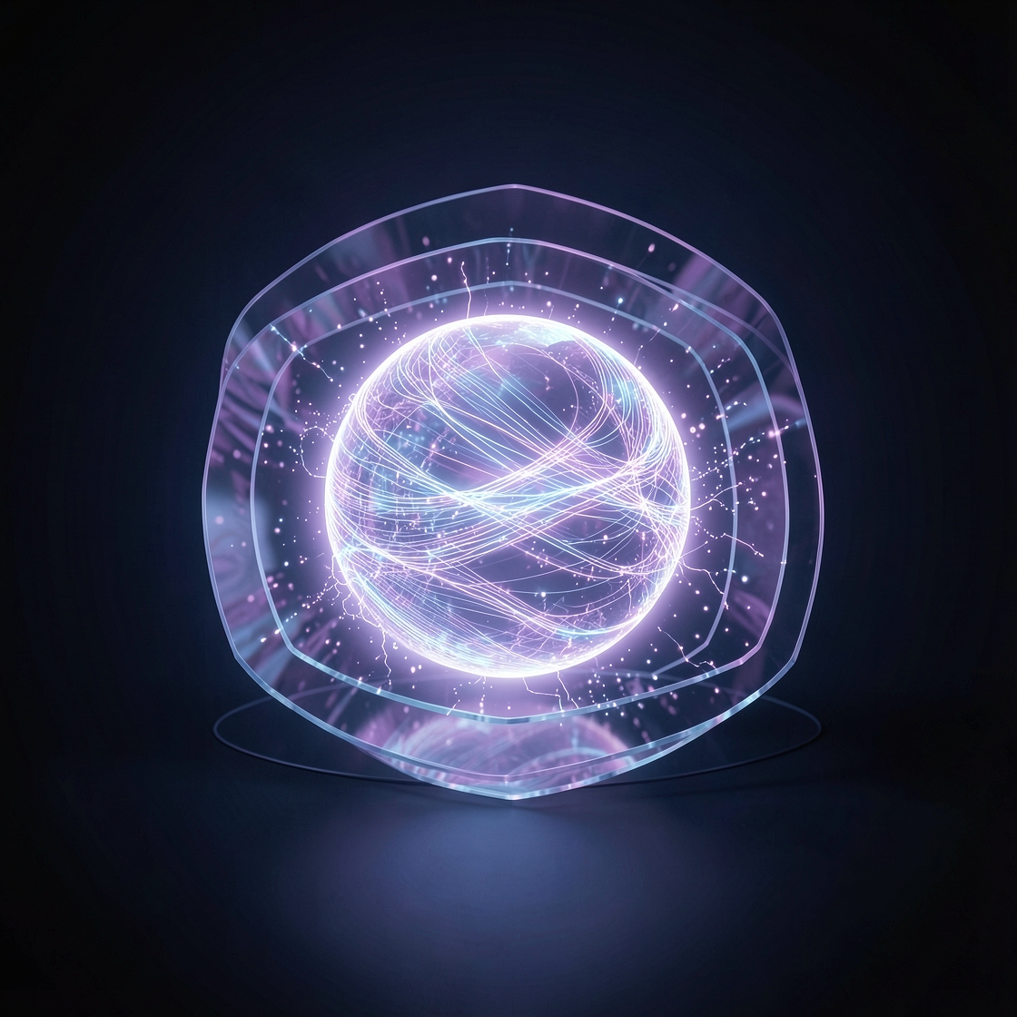 Private conversation represented by a glowing chat sphere inside layered transparent data boundaries