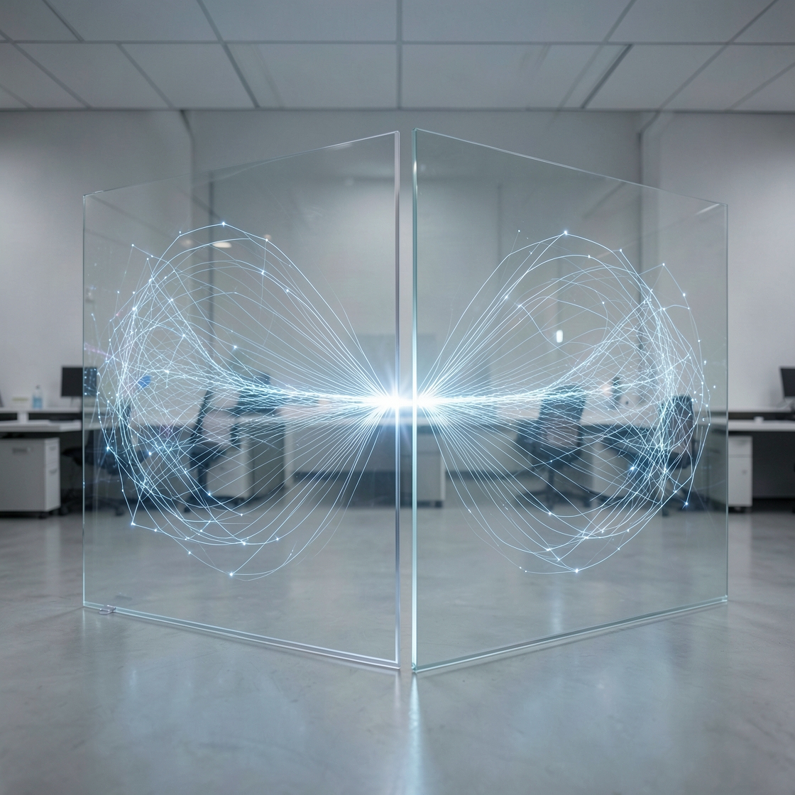 Abstract secure cyber testing lab with an AI agent path crossing a monitored network boundary