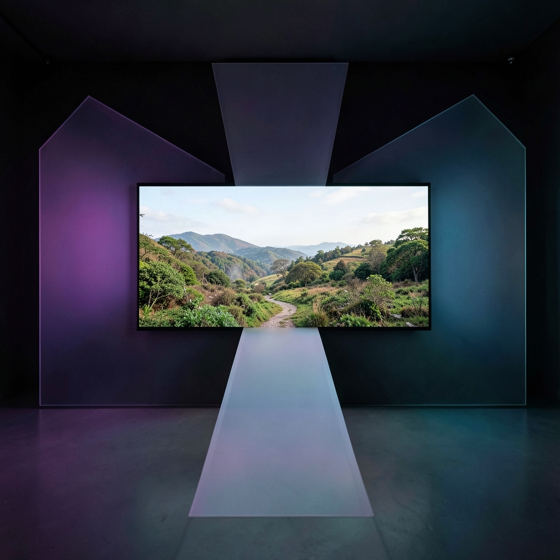 Abstract video production studio where documents and media flow into a cinematic sequence