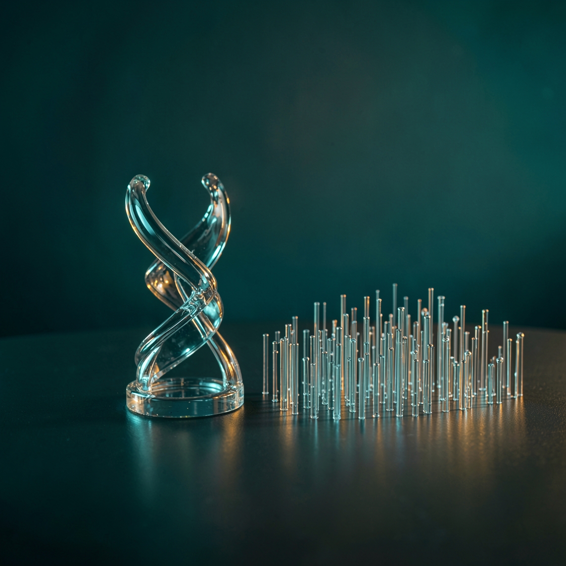 Conceptual DNA model beside an abstract genomic landscape, an editorial illustration
