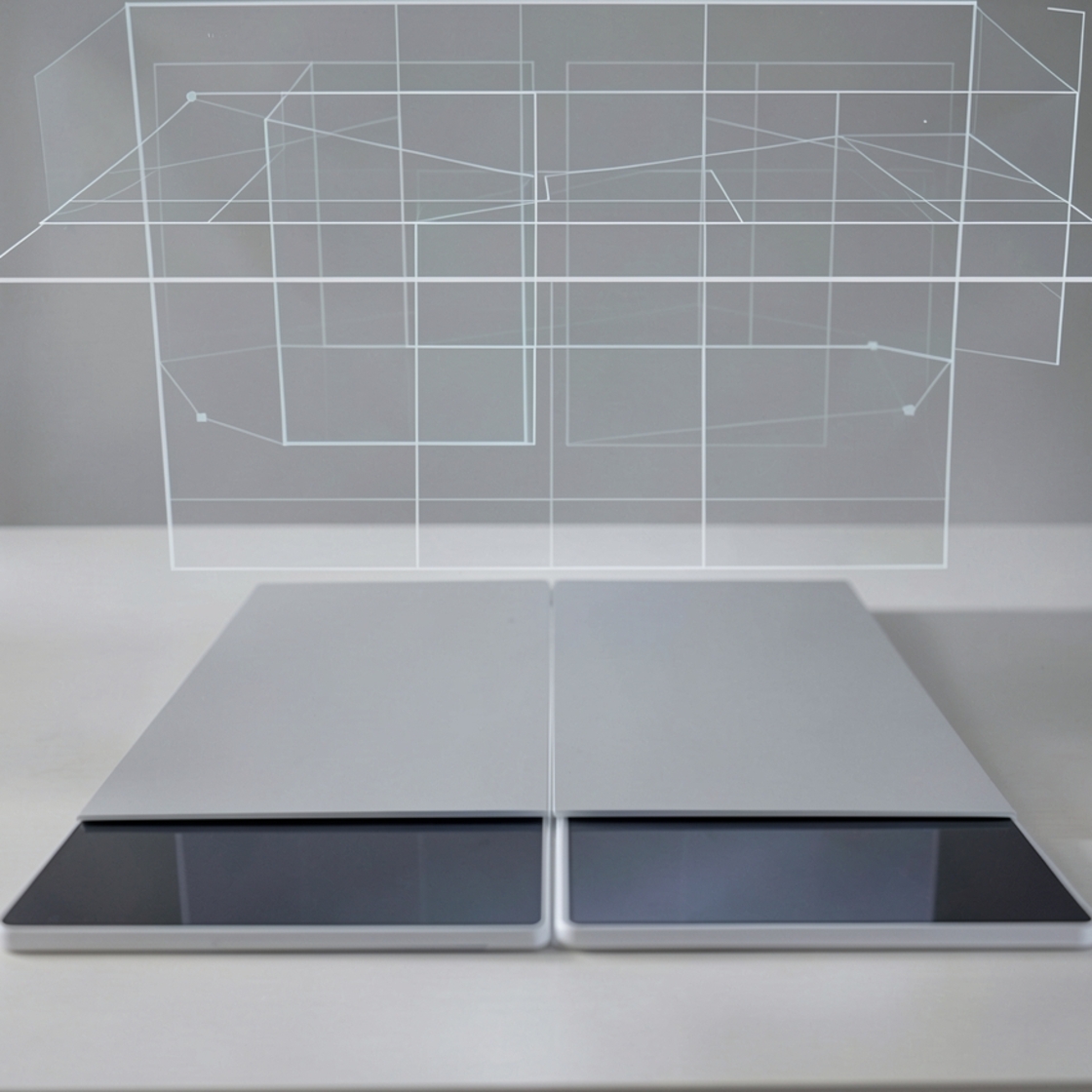 Abstract adaptive Android app layout shown across unfolded and folded device screens