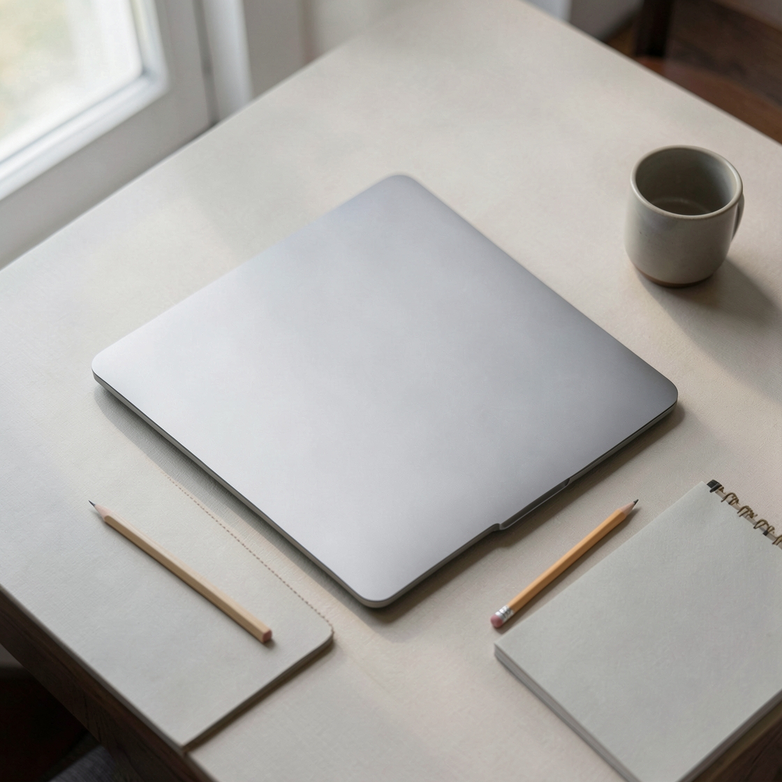 Editorial illustration of an unbranded thin laptop open on a clean study desk