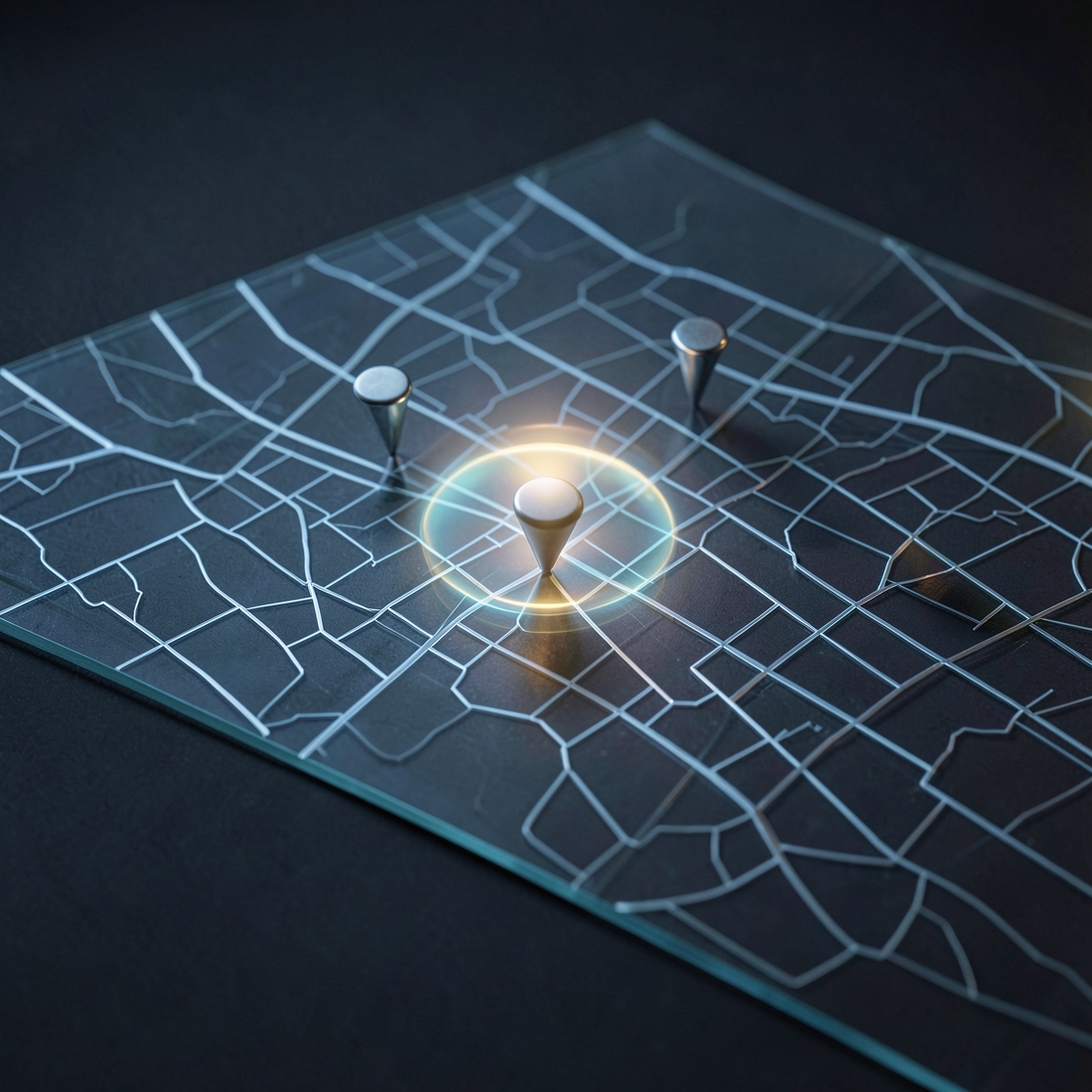 Abstract city map with one clearly distinguished promoted location marker