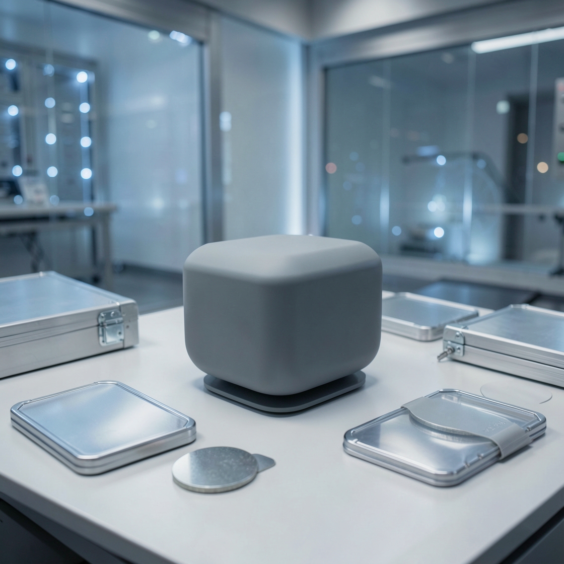 Abstract AI hardware prototype beside sealed legal evidence folders in a secure technology lab