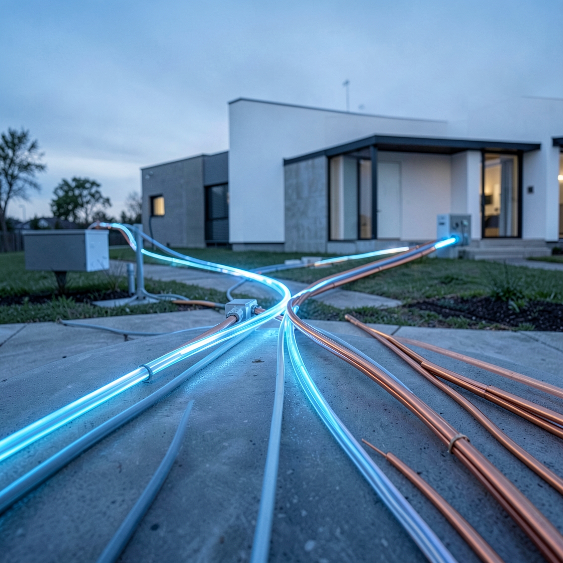 Abstract fiber and coaxial broadband paths converging at a residential network node