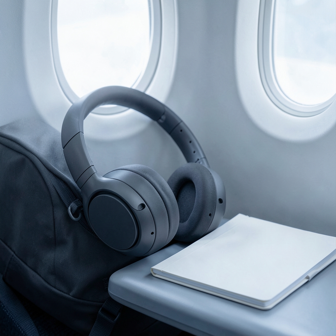 Editorial illustration of lightweight over-ear noise-cancelling headphones beside a travel bag and airplane window