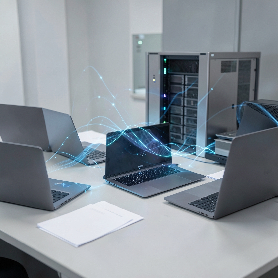 Abstract secure government AI workspace with document workflows and cybersecurity dashboards