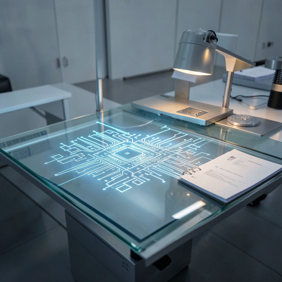 Abstract semiconductor layout under professional inspection lighting