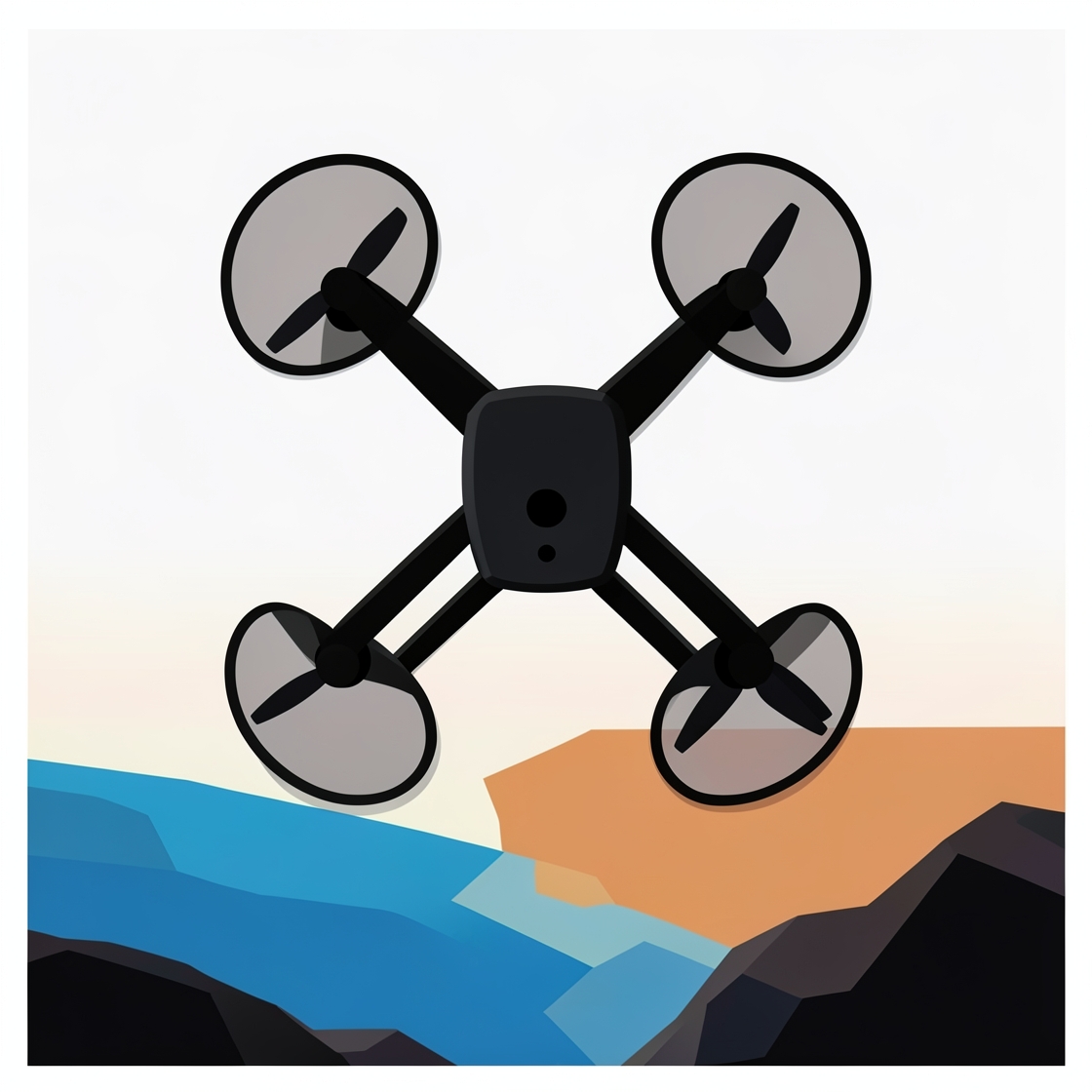 Editorial illustration of a generic compact camera drone above a stylized landscape