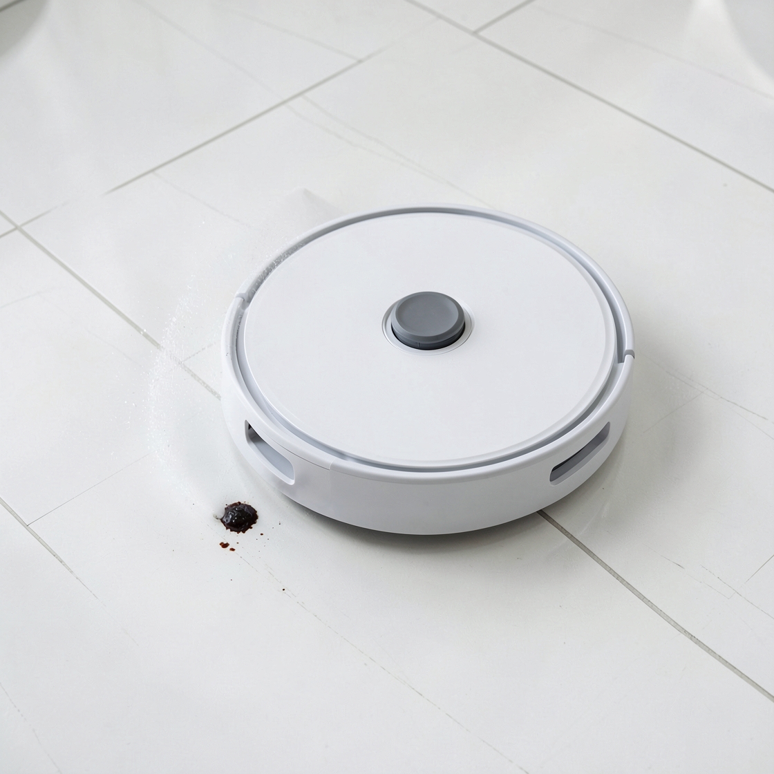 An unbranded robot vacuum approaching a small stain on a clean tiled floor
