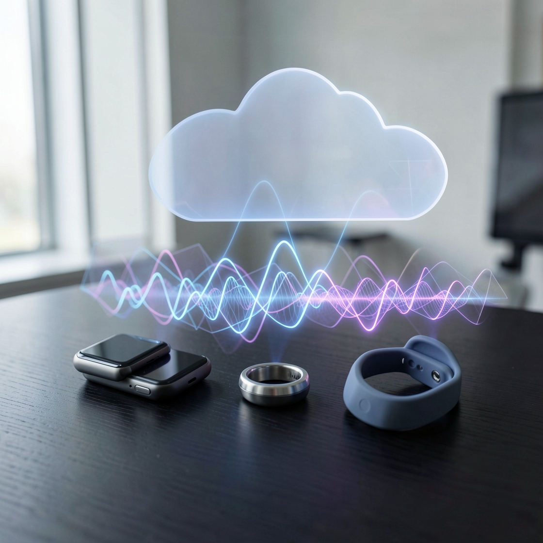 Abstract wearable health data dashboard secured by layered encryption visuals