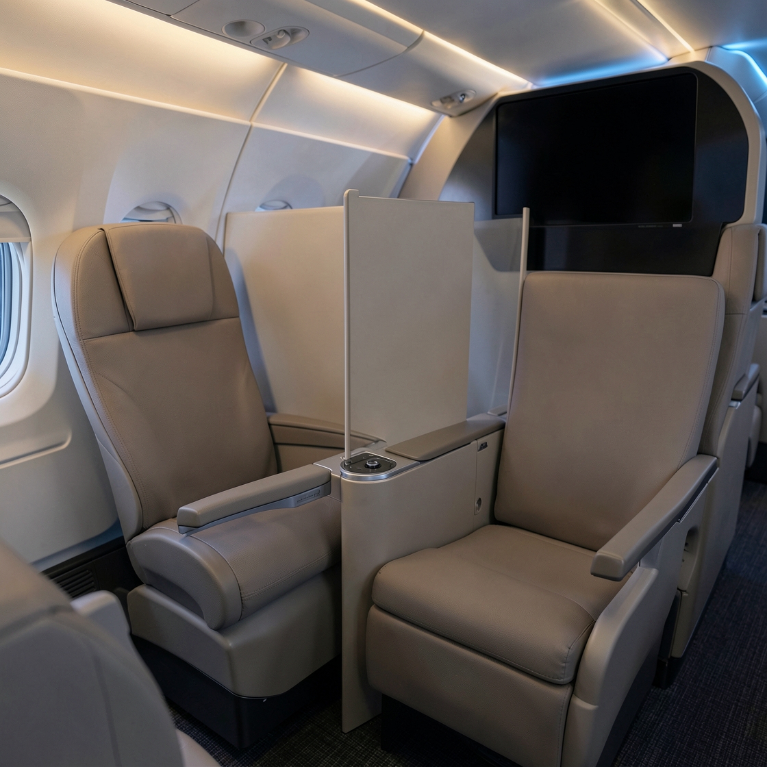 Modern premium economy aircraft seat with a raised full-height privacy divider and device controls