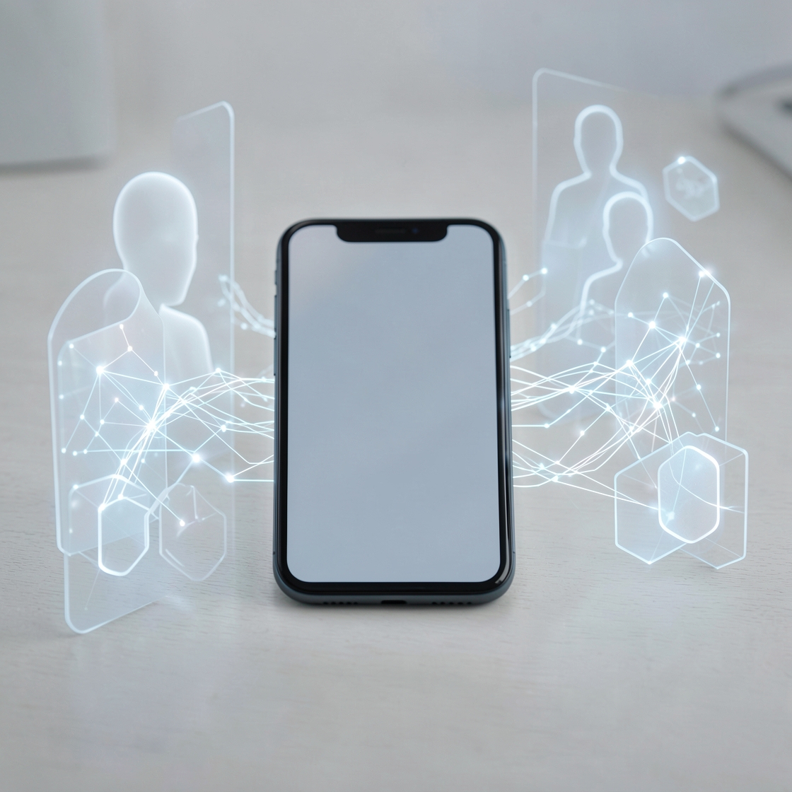 Abstract smartphone and search data network representing EU DMA interoperability rules for AI assistants