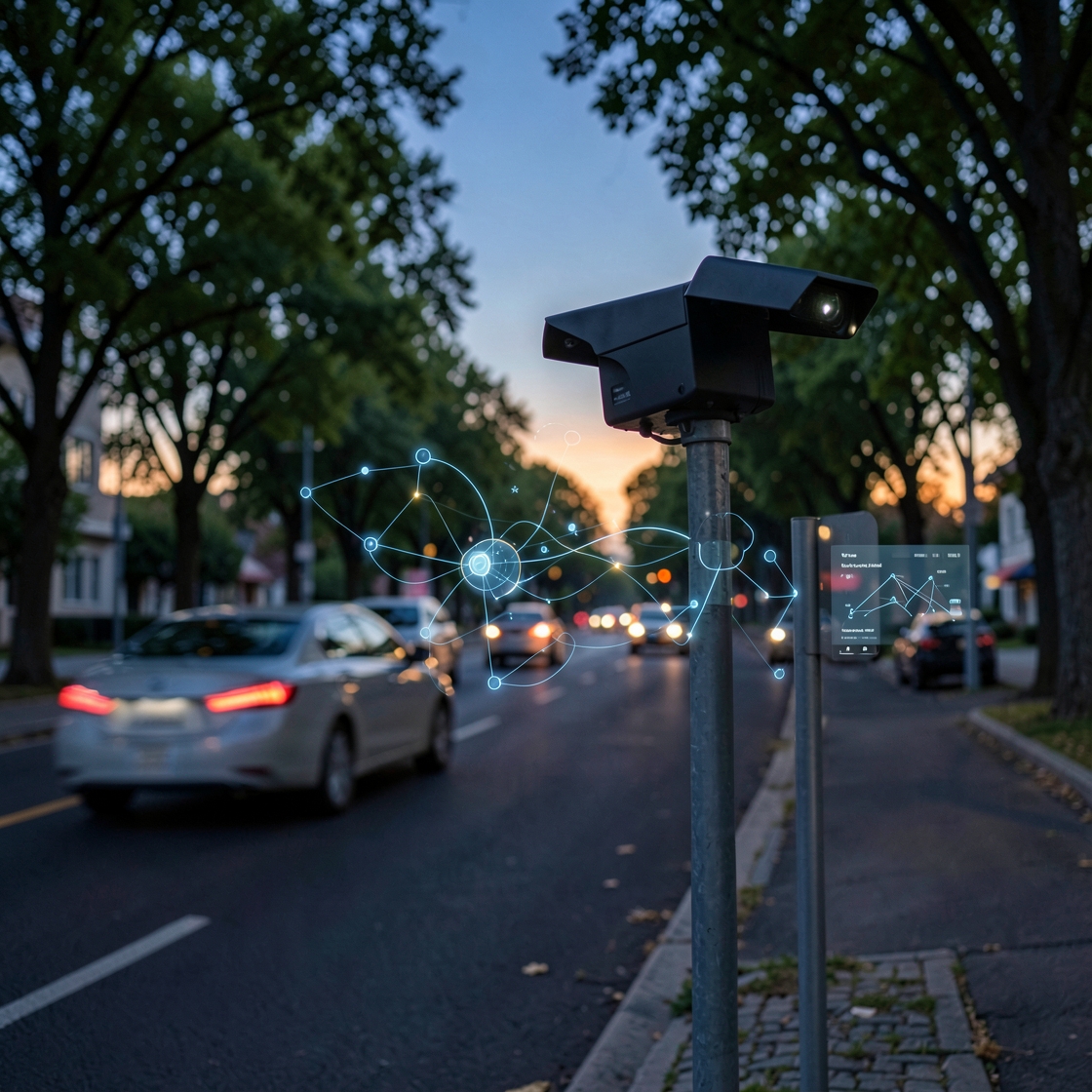 Roadside computer vision camera scanning vehicle traffic with abstract data points