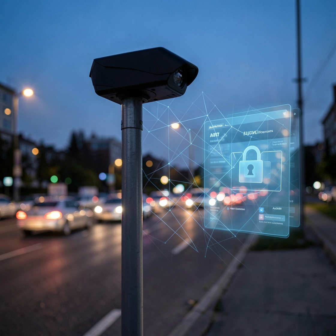 Automated license plate reader camera silhouette above an abstract city traffic data grid