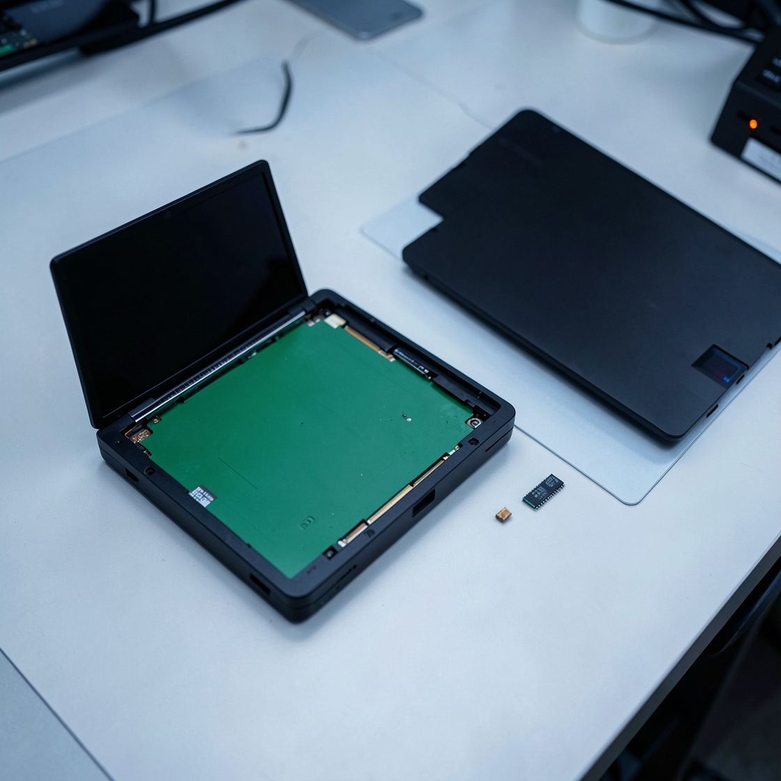 An open modular laptop with its mainboard and firmware chip under diagnostic lighting