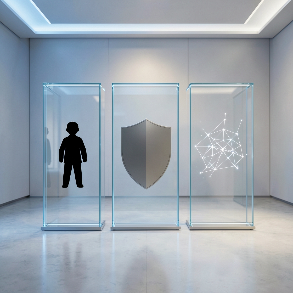 Balanced digital scales representing child safety, privacy and free expression in social media regulation