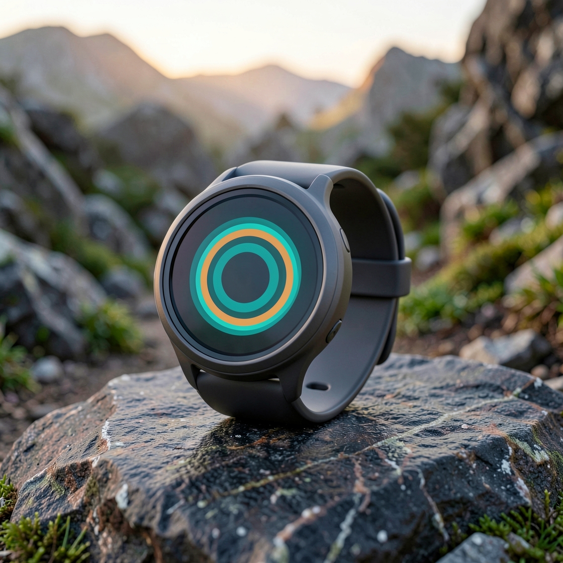 Editorial illustration of a generic rugged smartwatch beside a trail map and compass