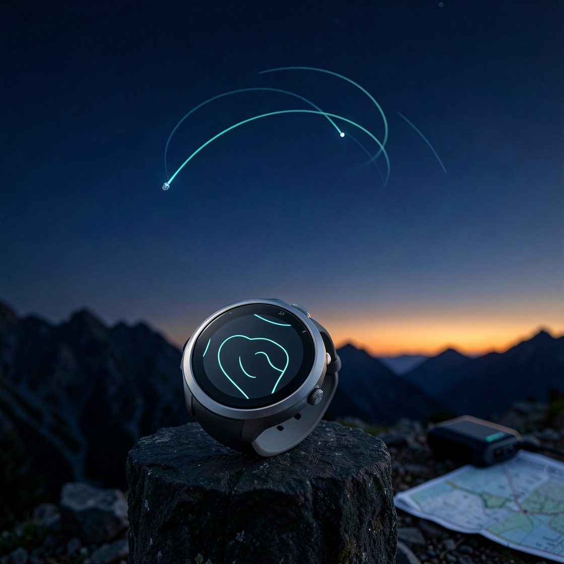 Editorial illustration of a rugged outdoor smartwatch navigating a remote mountain route with satellite signals