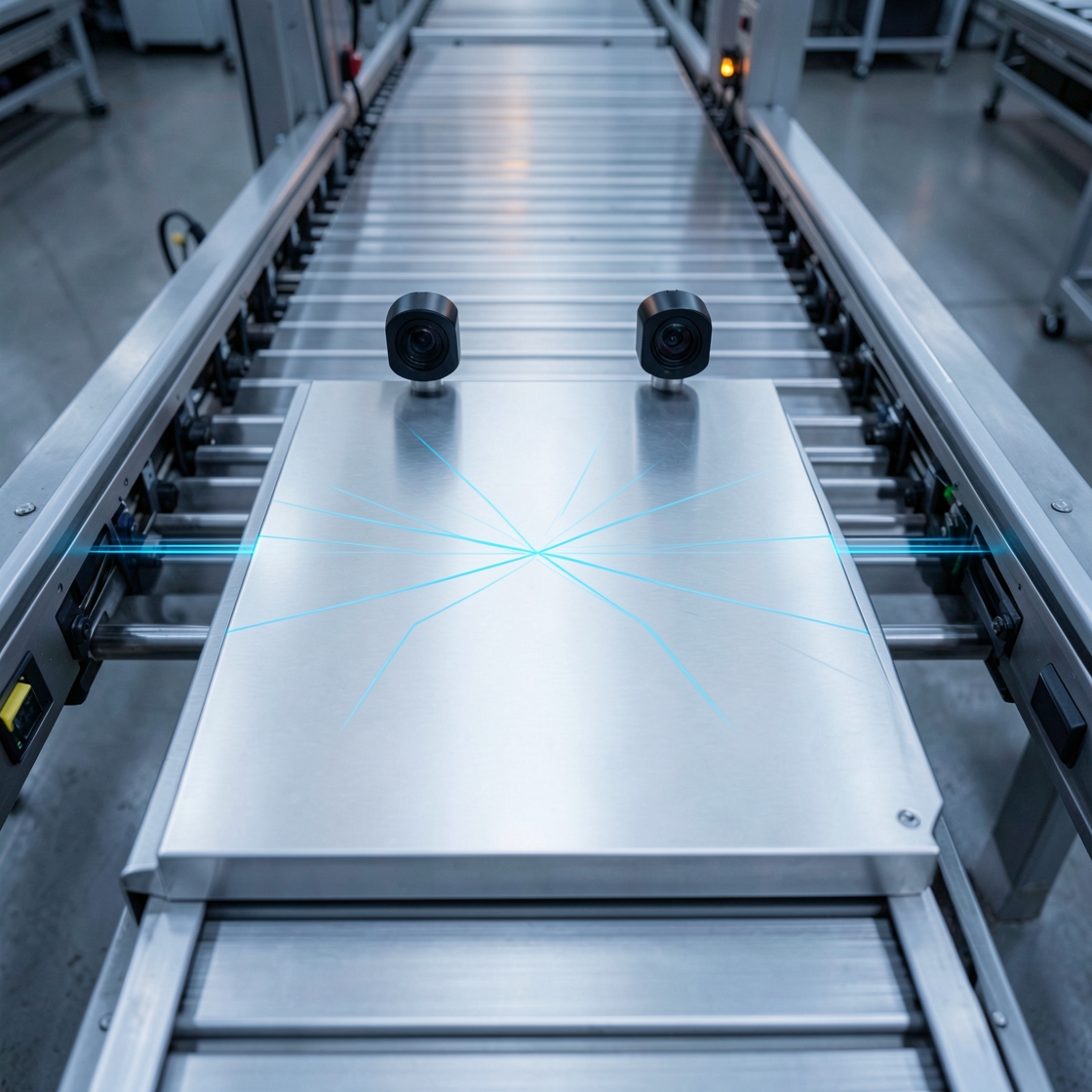 Unbranded factory equipment under computer-vision inspection lights on a modern assembly line