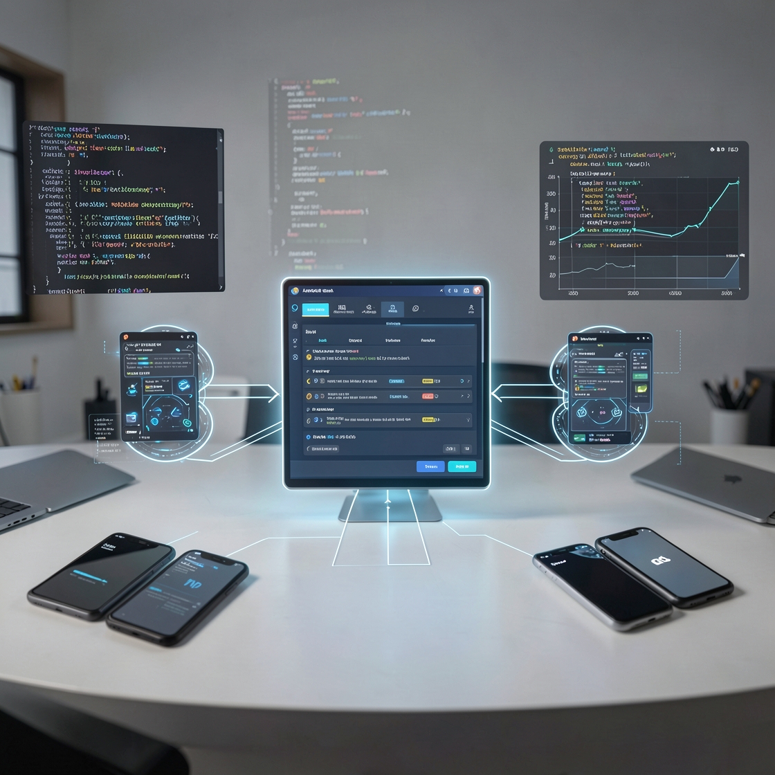 Abstract mobile development benchmark dashboard with sandboxed AI coding agents