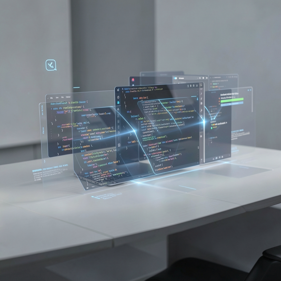 A clean Android development workstation showing modular AI instruction cards connected to code and test signals