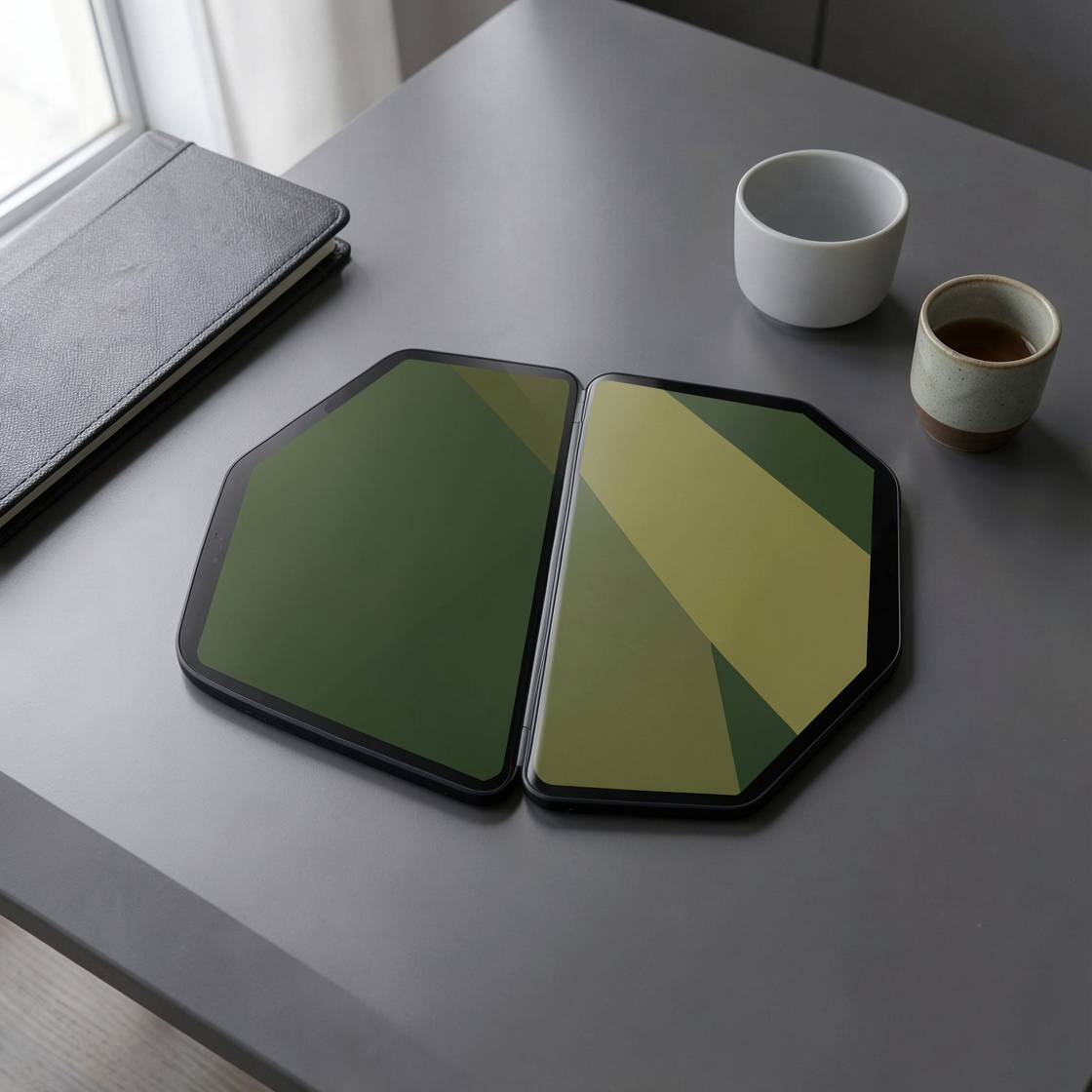Editorial illustration of a generic book-style foldable phone open beside productivity cards, without logos or text
