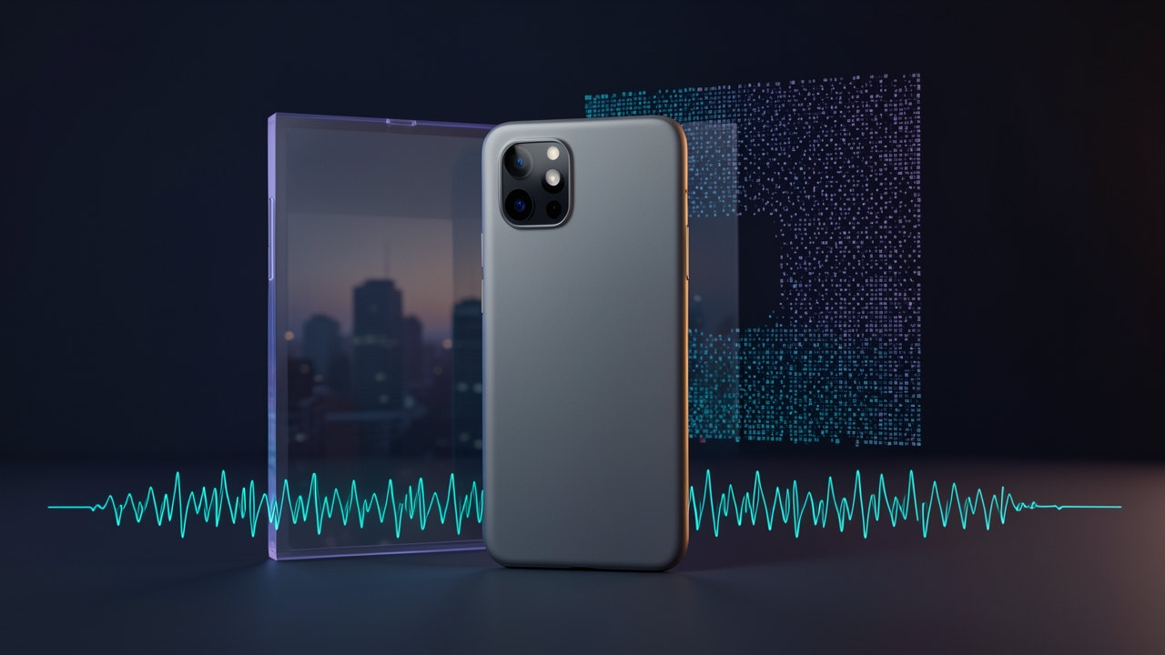 Editorial illustration of a large smartphone beside an abstract camera frame and voice waveform