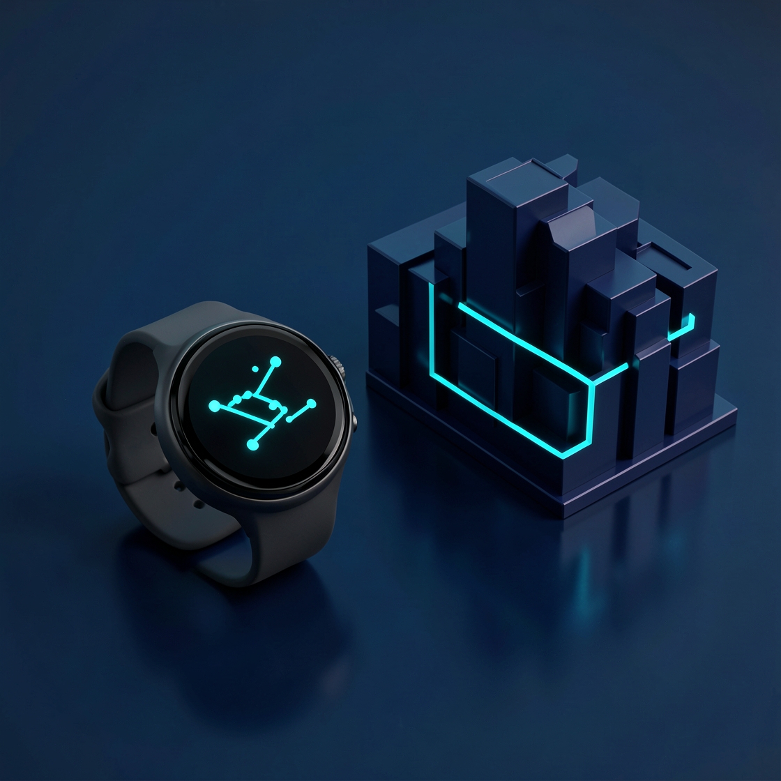 Editorial illustration of a round smartwatch displaying a corrected urban running route beside city buildings