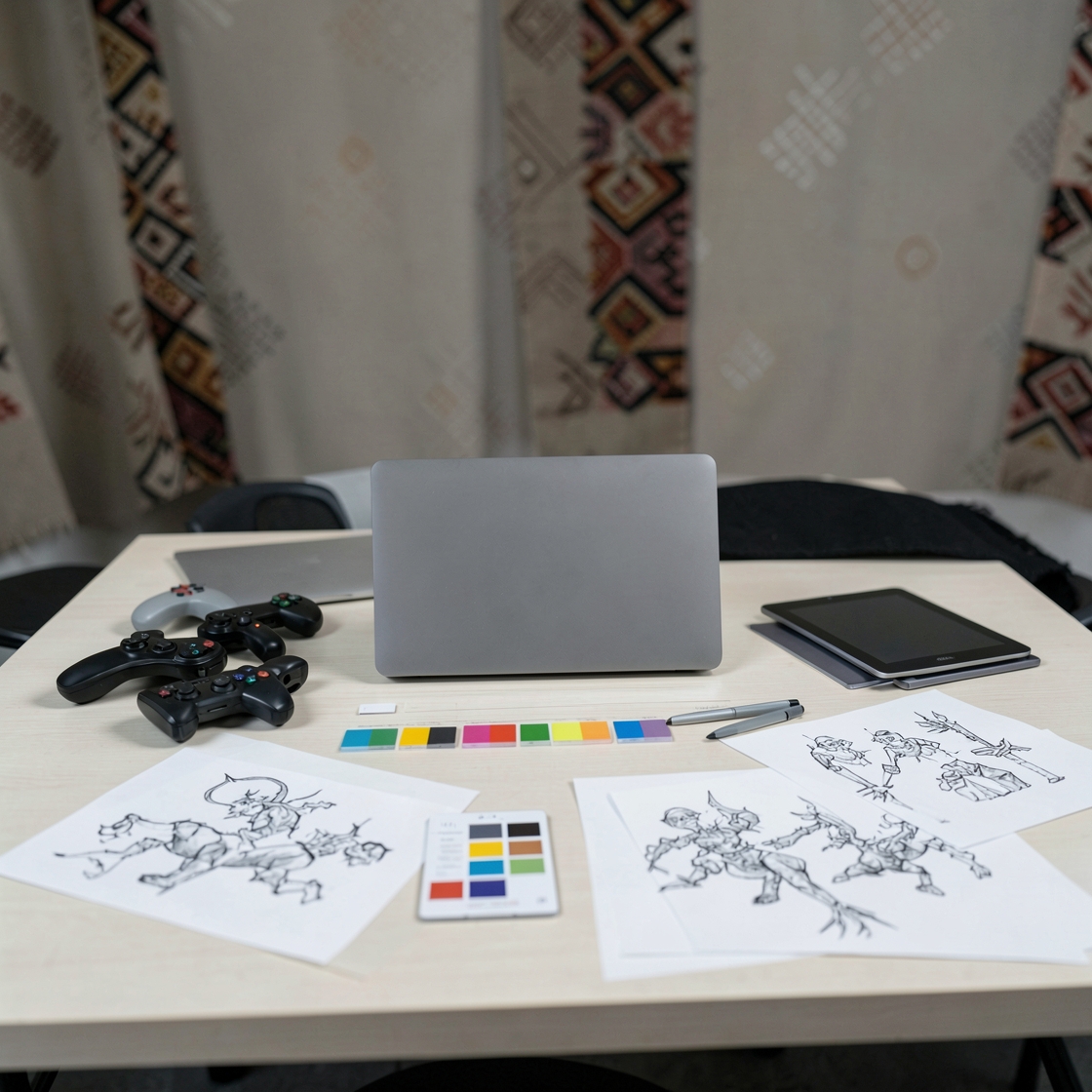 African indie game studio workspace with mobile game development screens and modern technical support visuals