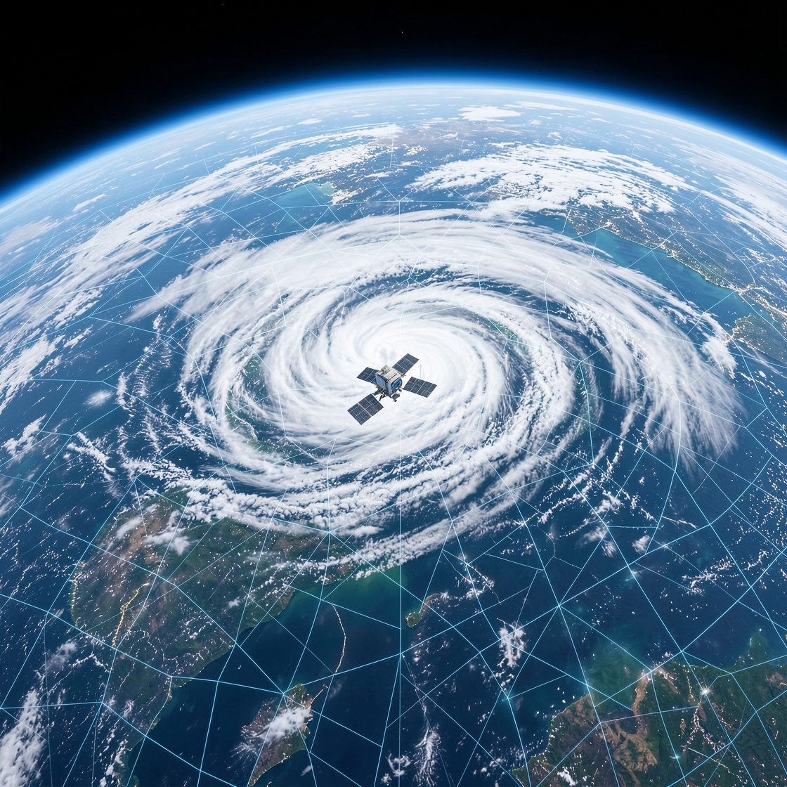 Satellite view of layered weather systems over Earth