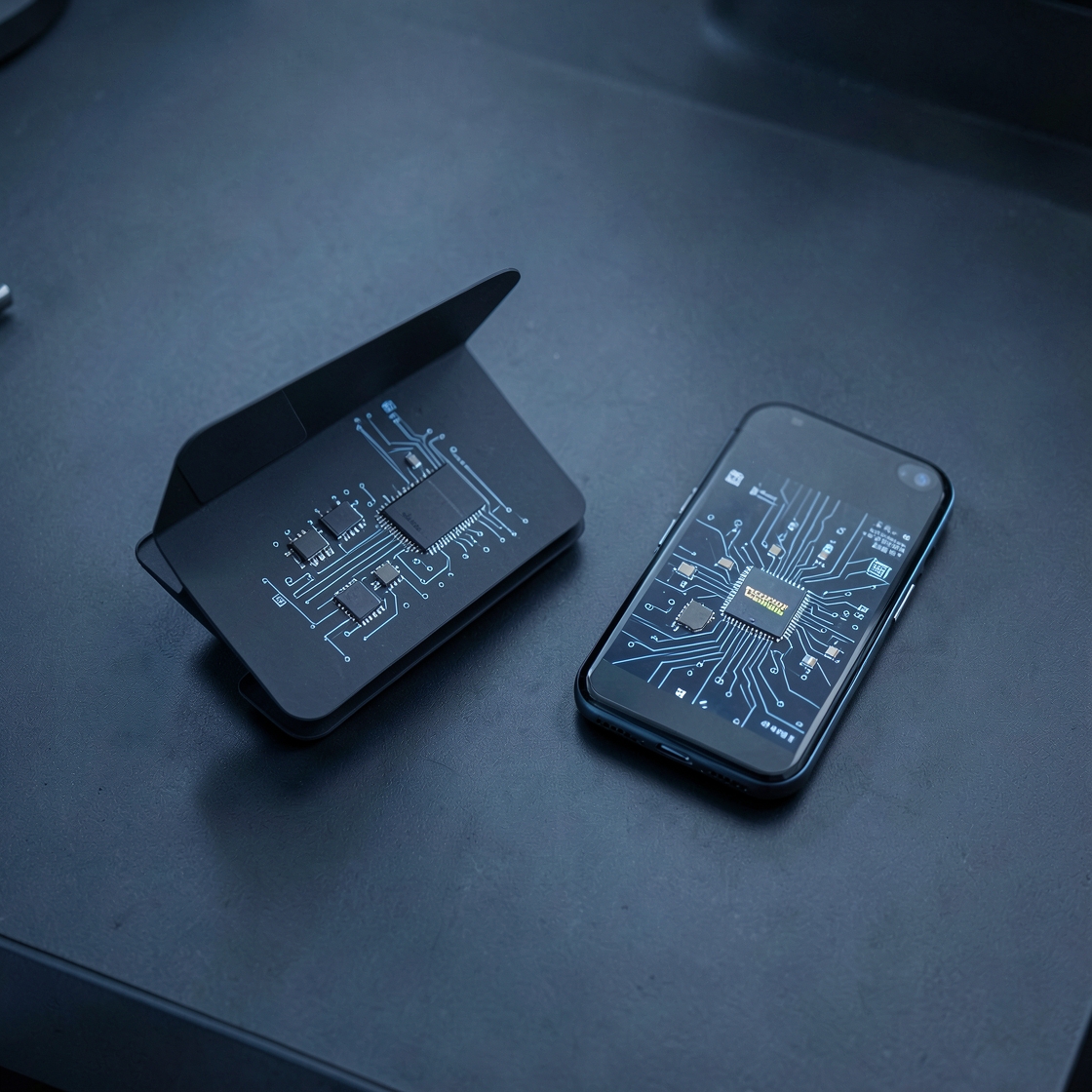 A secure foldable smartphone beside a hardened mobile processor in a clean technical scene