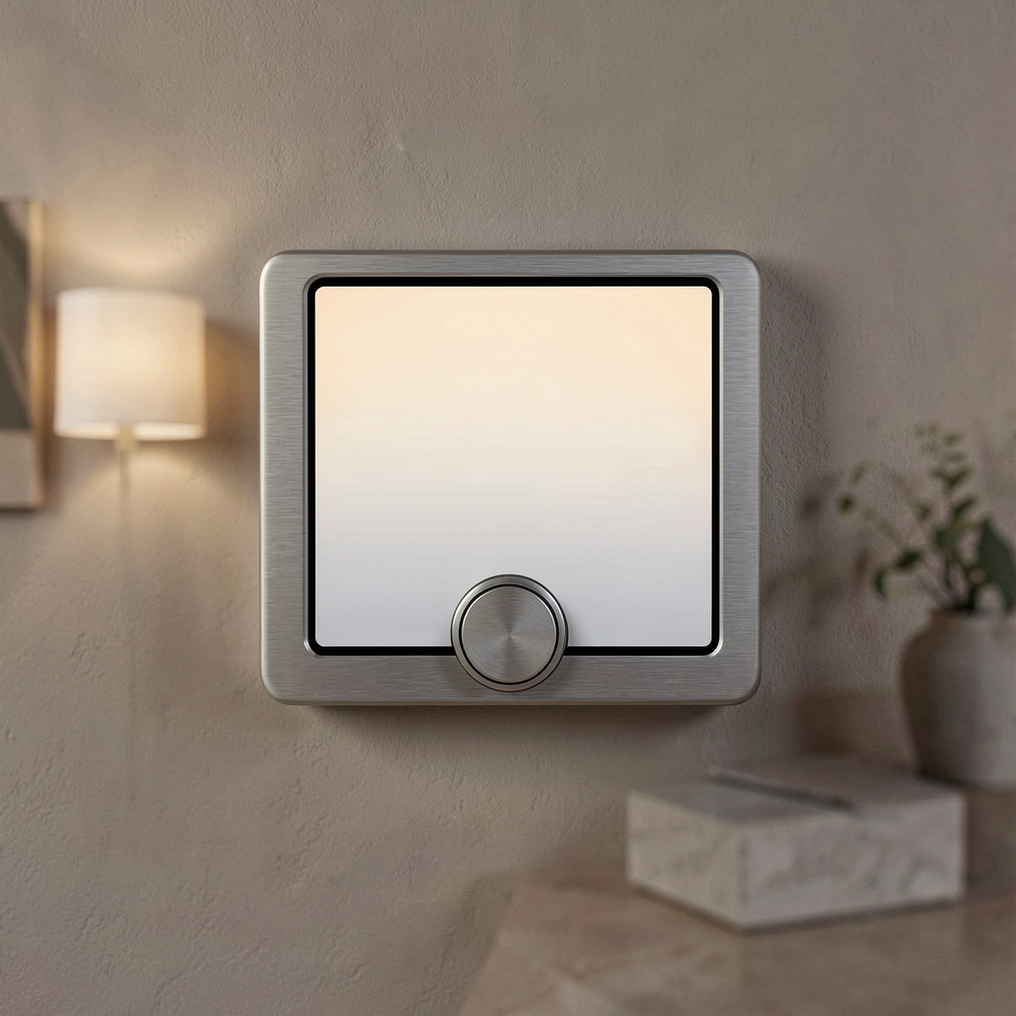 Unbranded smart-home room controller with a touchscreen and physical dial