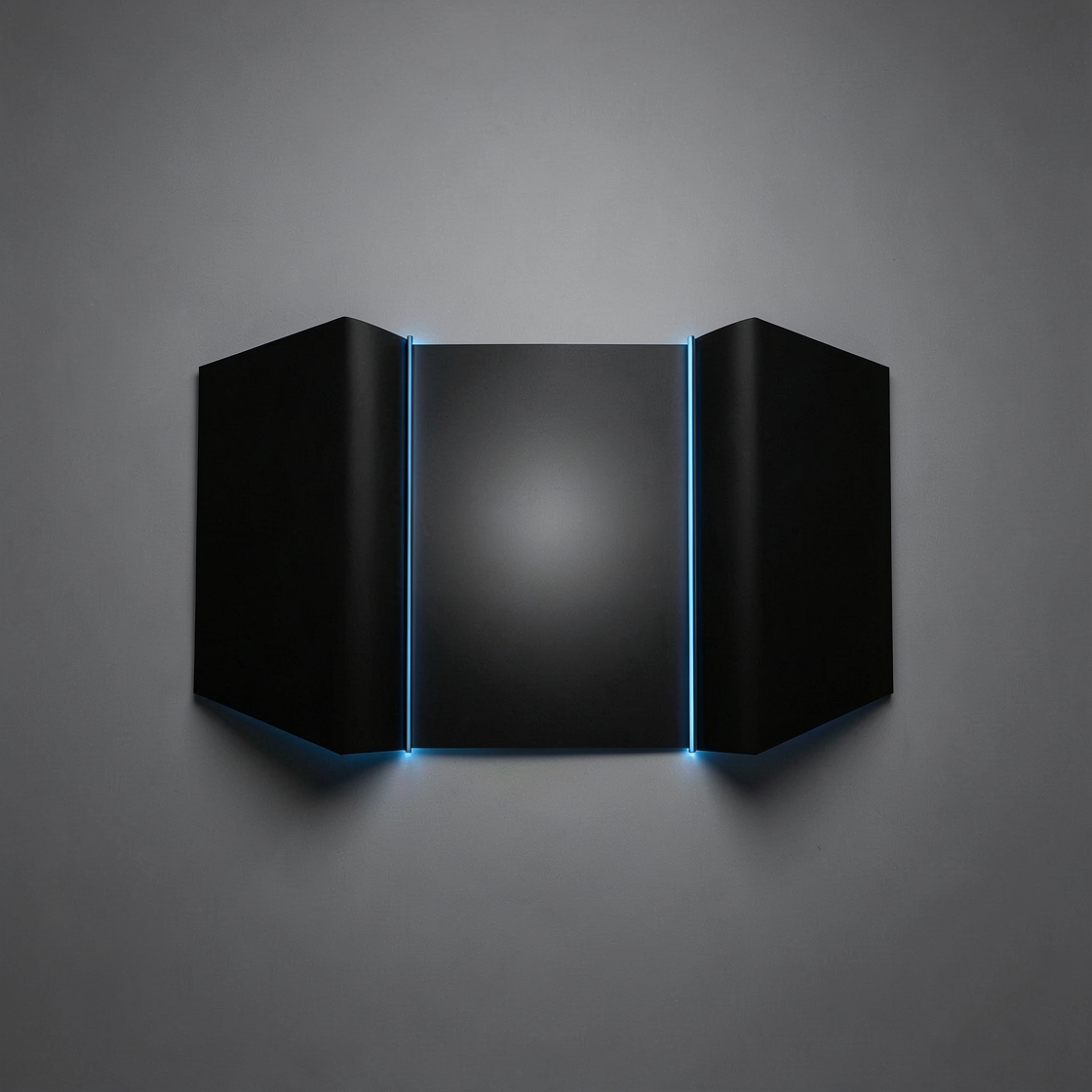 An unbranded inward-folding triple-screen smartphone on a dark studio surface