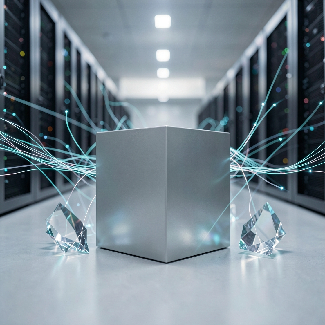 Abstract open-weight AI infrastructure with modular server racks and layered neural network nodes