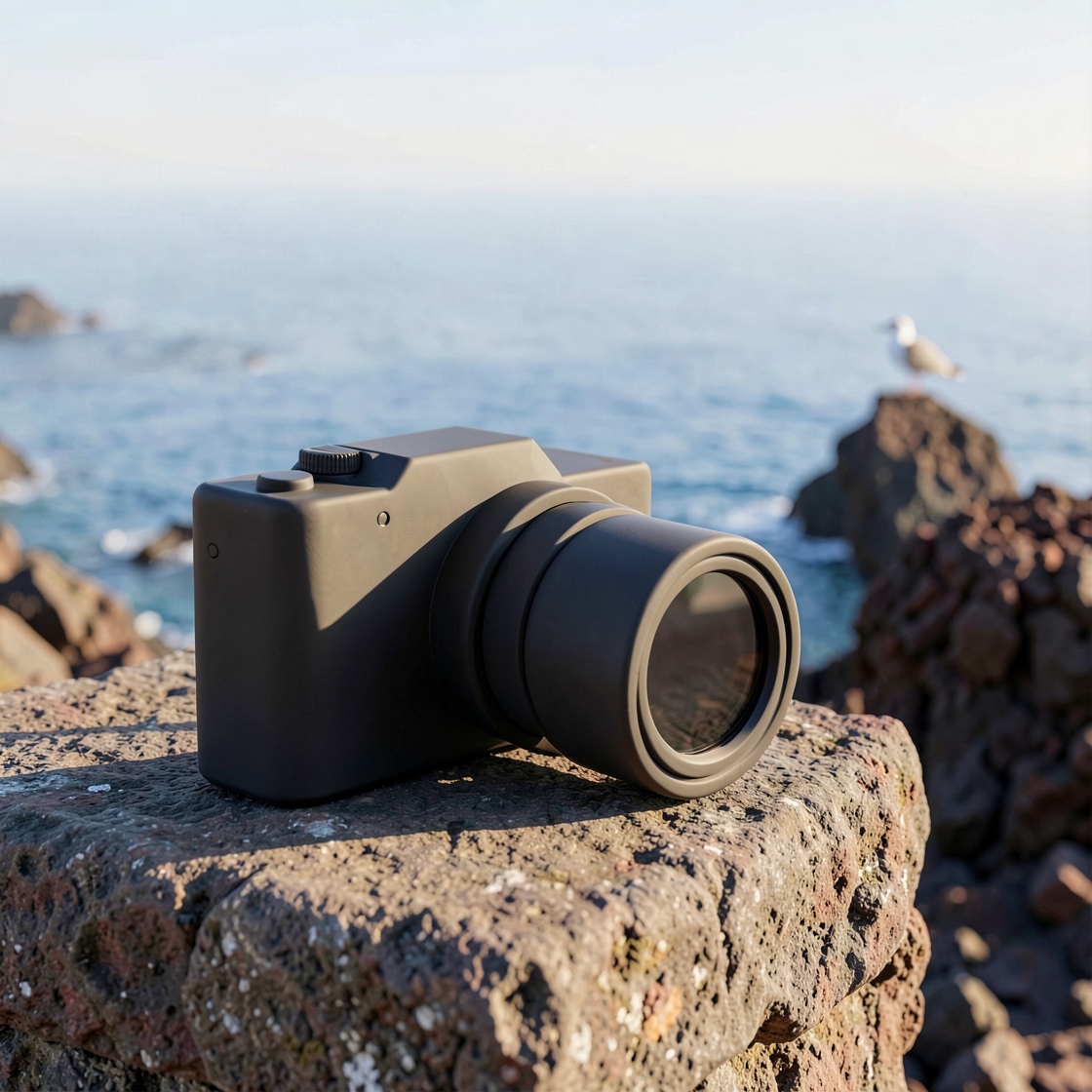 Editorial illustration of a generic long-zoom bridge camera observing a distant seabird in daylight