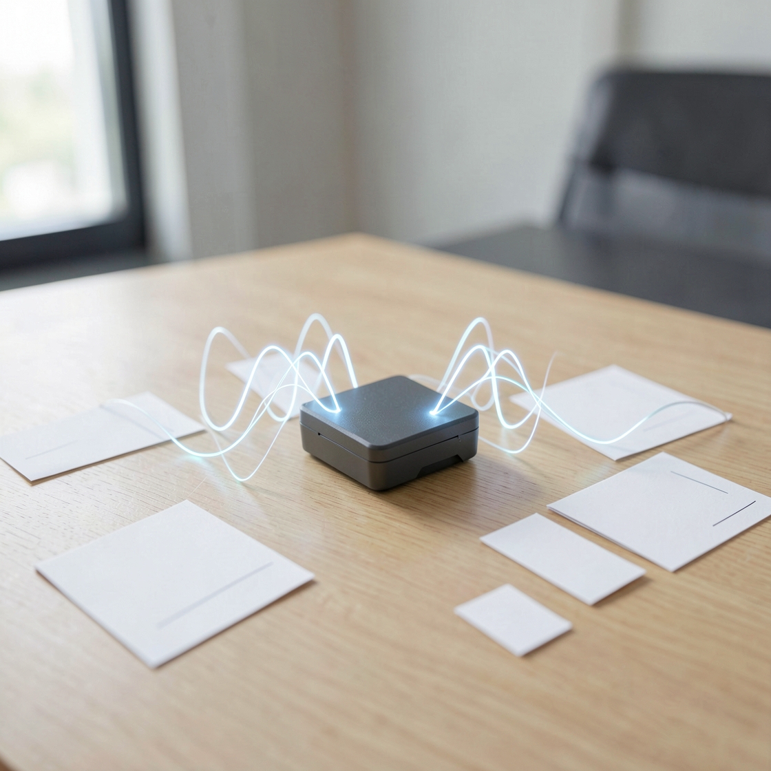 Abstract local AI meeting transcription workspace with audio waveform and private processing nodes
