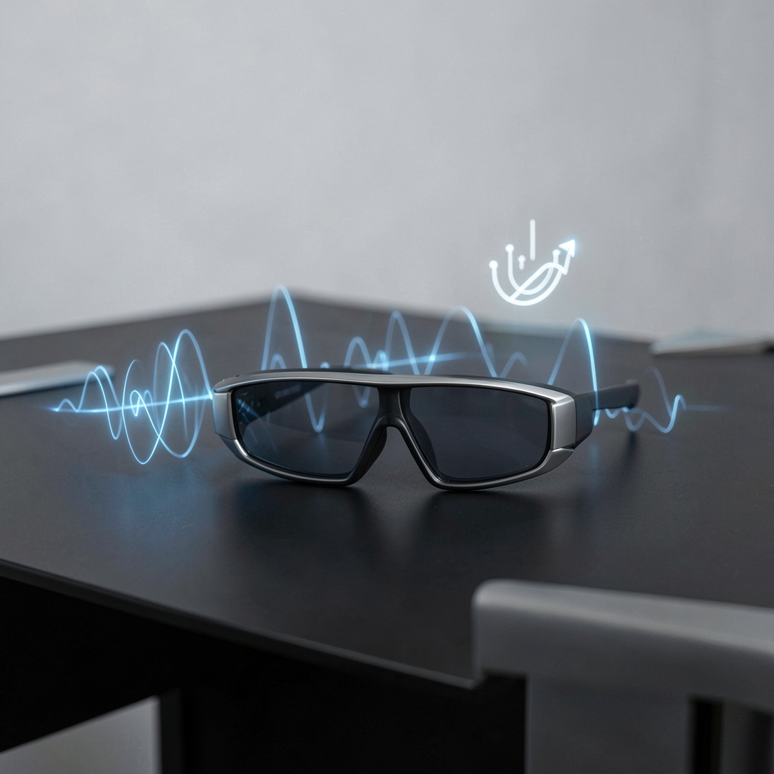 Minimal smart glasses beside abstract audio waves in a modern tech setting