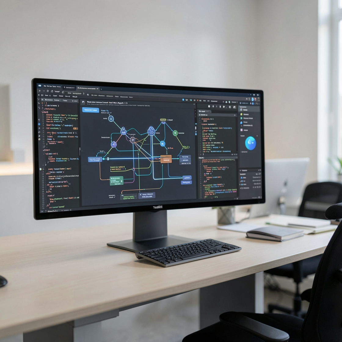 Abstract workstation showing connected AI coding agents and secure developer tool interfaces