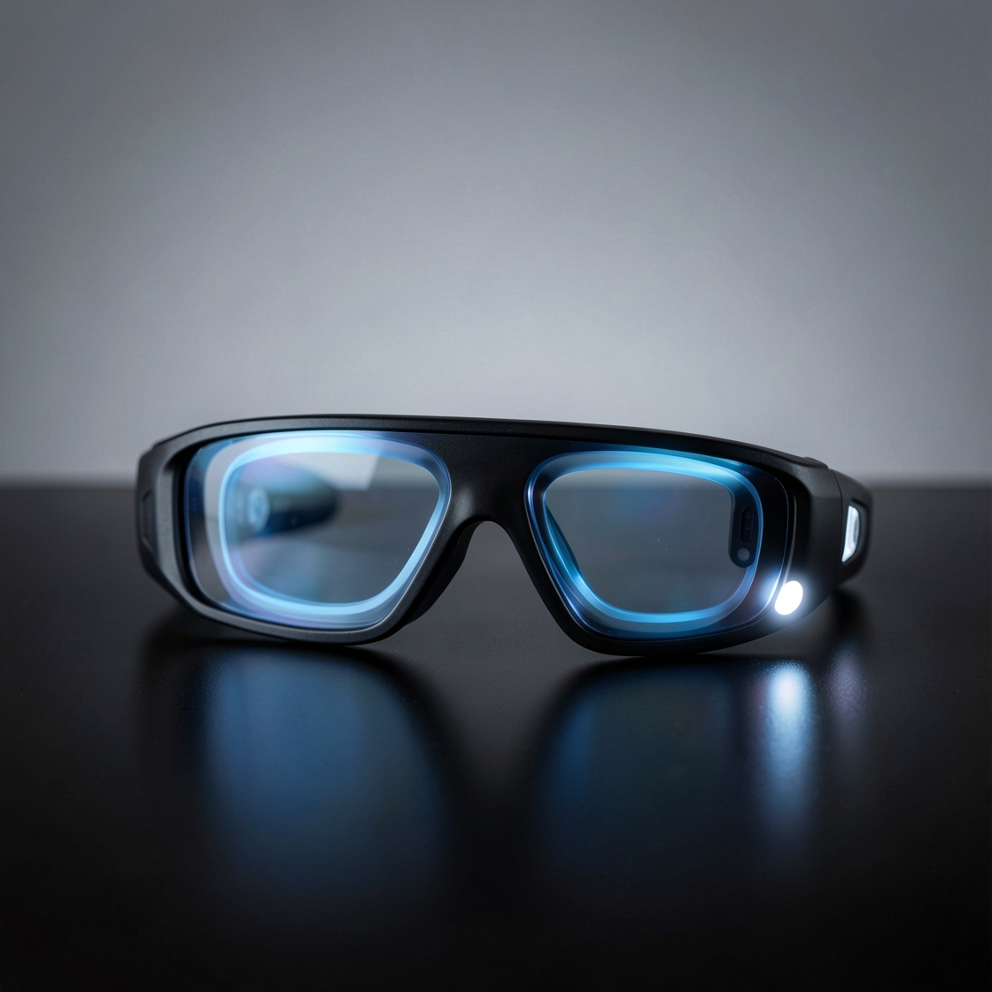Unbranded smart glasses with a visible capture indicator and privacy shield lighting