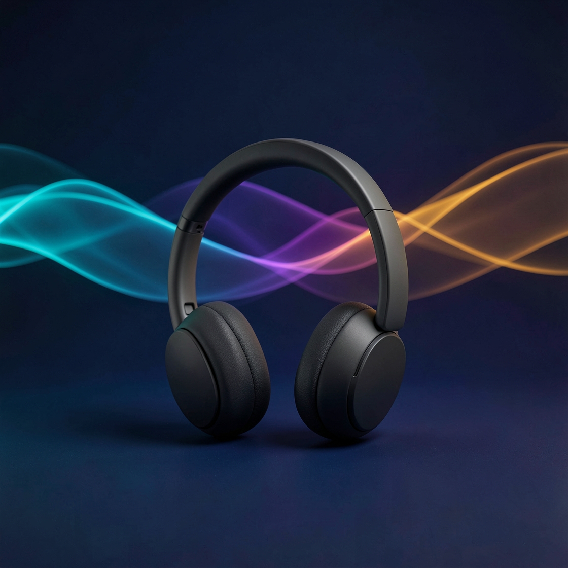 Editorial illustration of premium over-ear headphones against three colorful sound waves