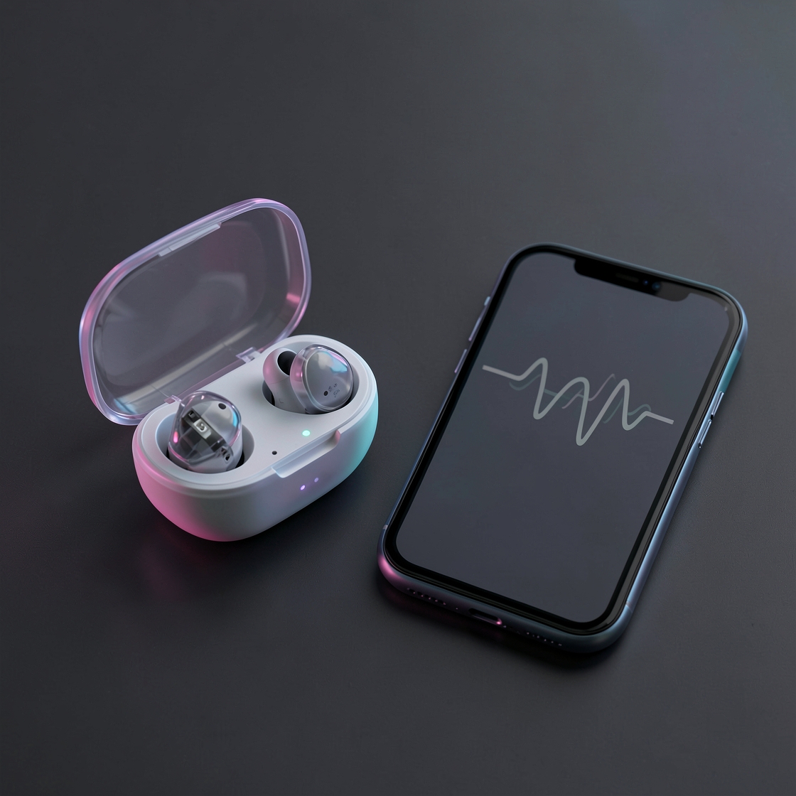 Editorial illustration of transparent-stem wireless earbuds beside a phone equalizer and an audio waveform