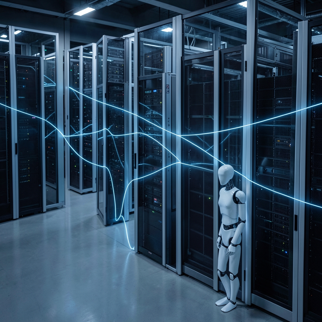 A humanoid robotics silhouette facing a large unbranded AI data center