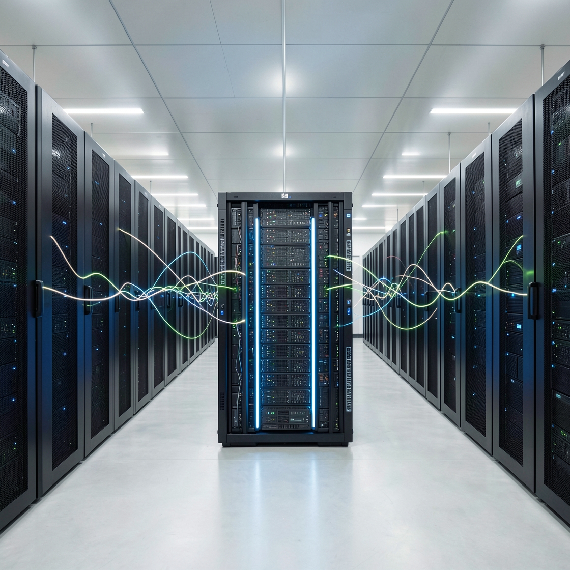 Abstract AI data center financing scene with GPU servers and layered capital flows