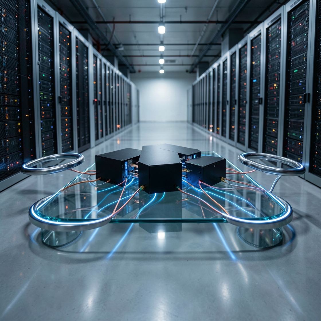 Abstract AI accelerator chips connected to large-scale data center financing infrastructure