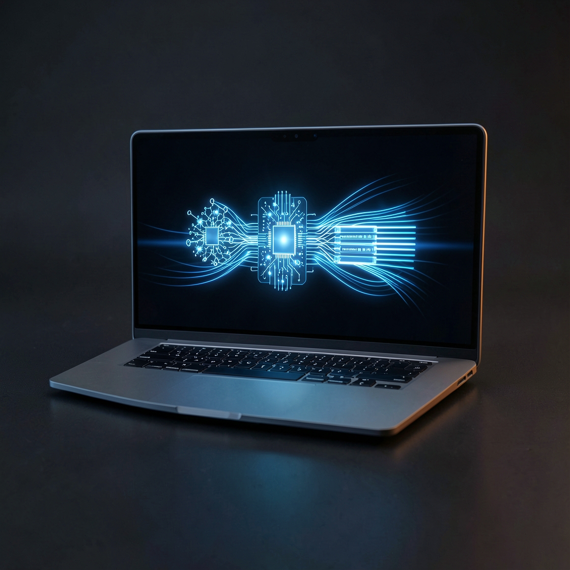 Conceptual thin laptop with abstract CPU and GPU architecture lighting