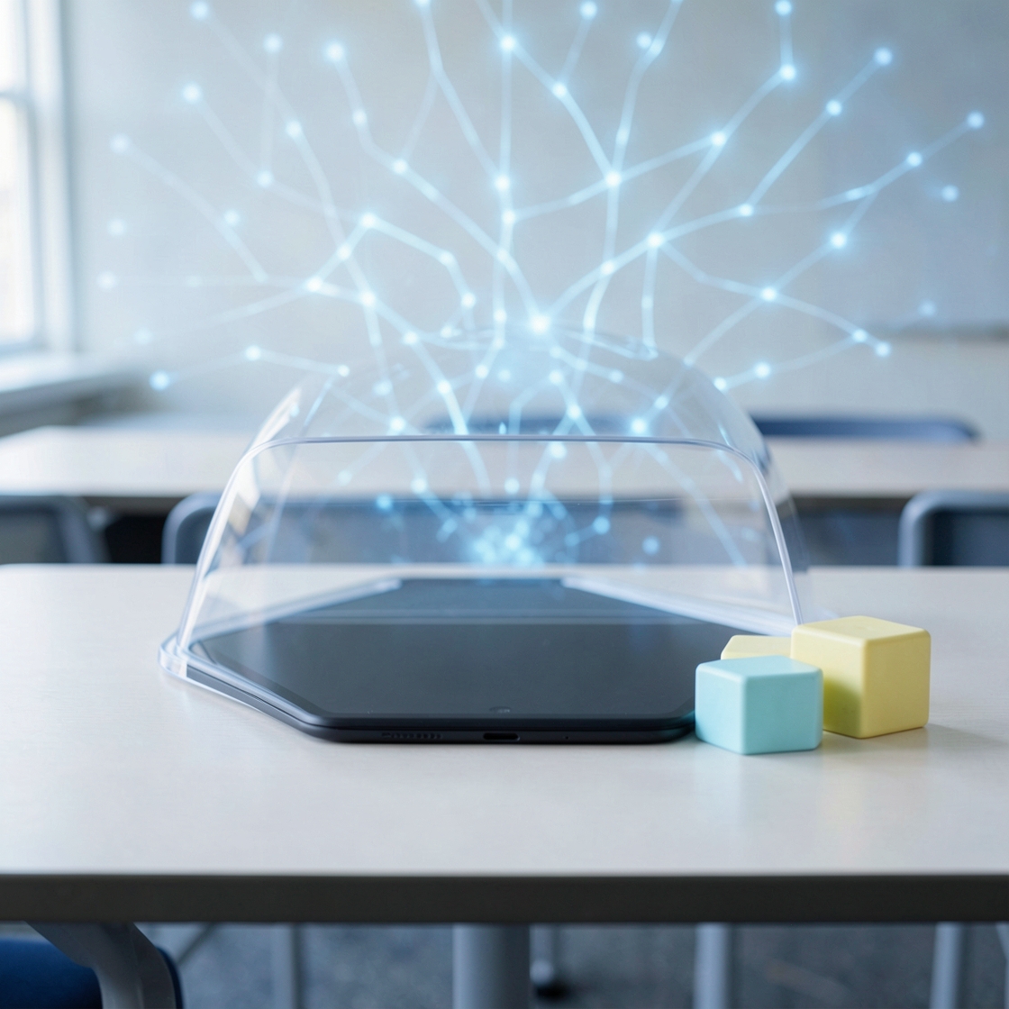 Abstract classroom desk with protected AI learning symbol