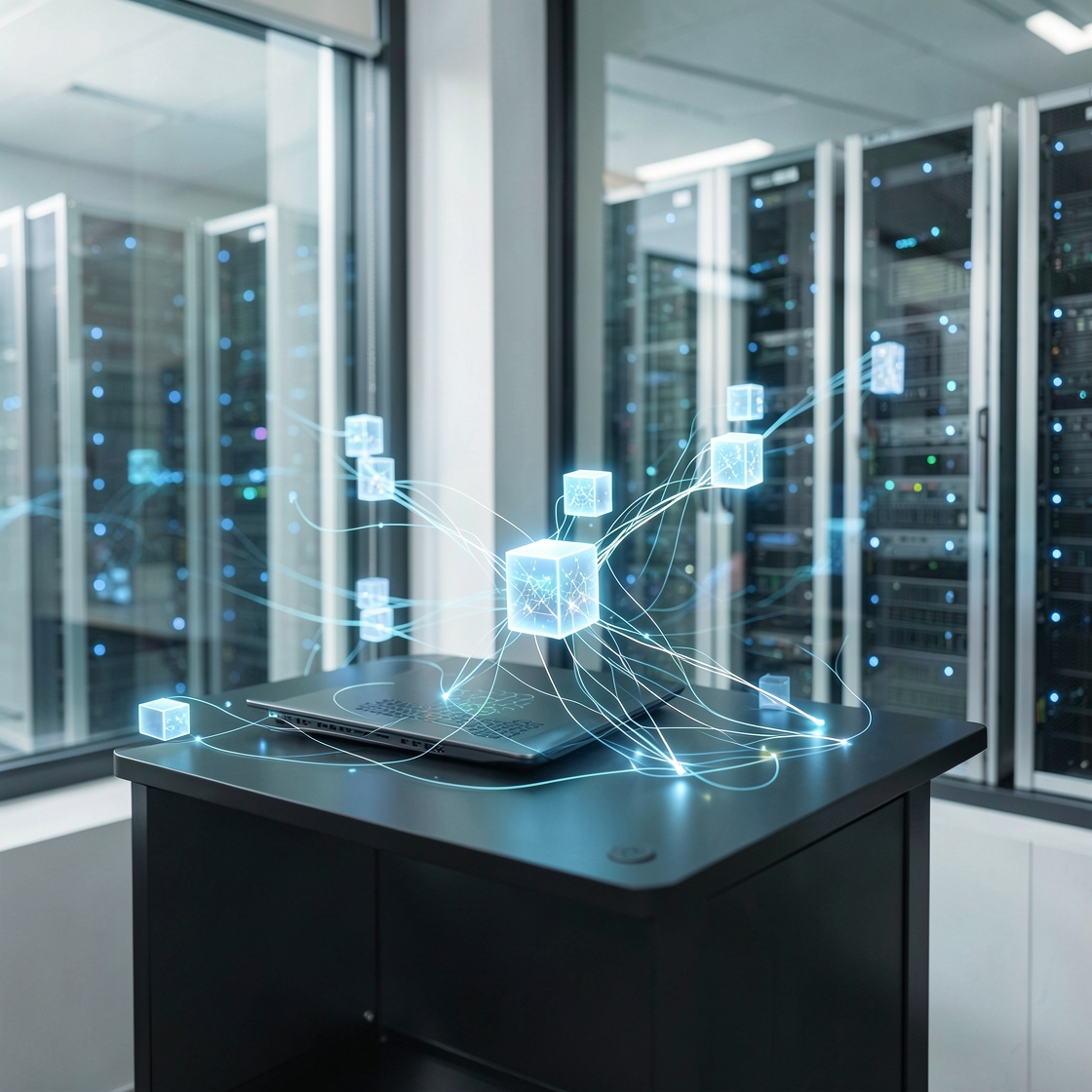 Editorial illustration of local AI workstations connected to cloud GPU infrastructure for open-model development