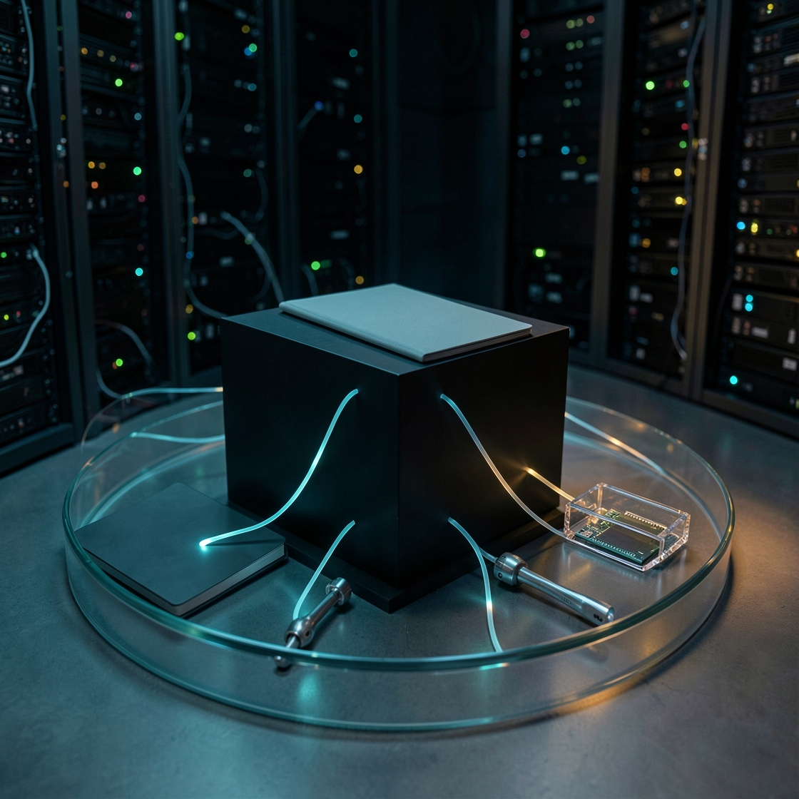 Abstract AI orchestration core coordinating multiple software tools through secure monitored channels